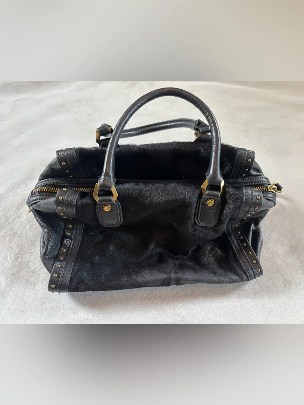 orYANY Brenda Black Calf Hair Leather Studded Satchel Bag
